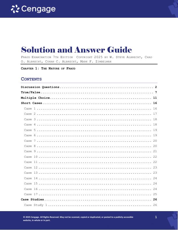 Solution Manual For Fraud Examination 7th Edition 2025 by W. Steve Albrecht, Chad O. Albrecht, Conan C. Albrecht, Mark F. Zimbelman Chapter 1-18