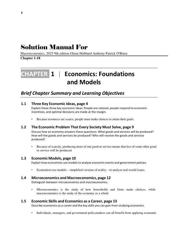Solution Manual For Macroeconomics, 2025 9th Edition by Glenn Hubbard Anthony Patrick O'Brien Chapter 1-18