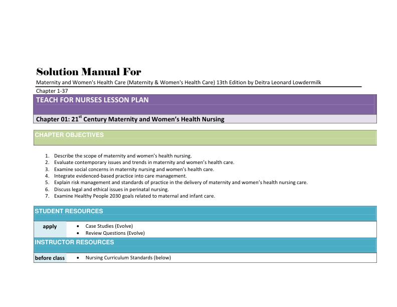 Solution Manual For Maternity and Women's Health Care Maternity & Women's Health Care 13th Edition by Deitra Leonard Lowdermilk Chpter 1-37