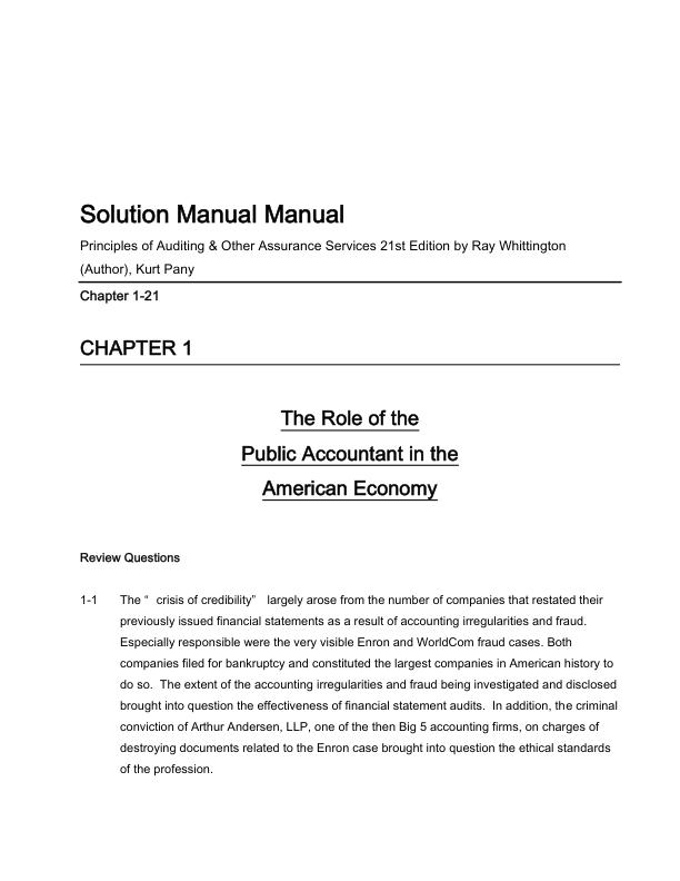 Solution Manual For Principles of Auditing & Other Assurance Services 21st Edition by Ray Whittington, Kurt Pany Chapter 1-21