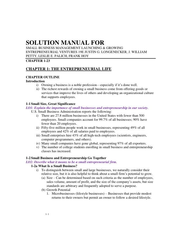 Solution Manual For Small Business Management Launching & Growing Entrepreneurial Ventures 19th Edition by Justin G. Longenecker, J. William Petty, Leslie E. Palich, Frank Hoy Chapter 1-23