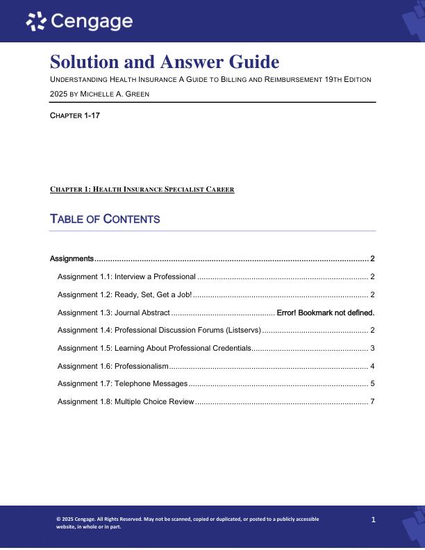 Solution Manual For Understanding Health Insurance A Guide to Billing and Reimbursement 19th Edition 2025 by Michelle A. Green Chapter 1-17