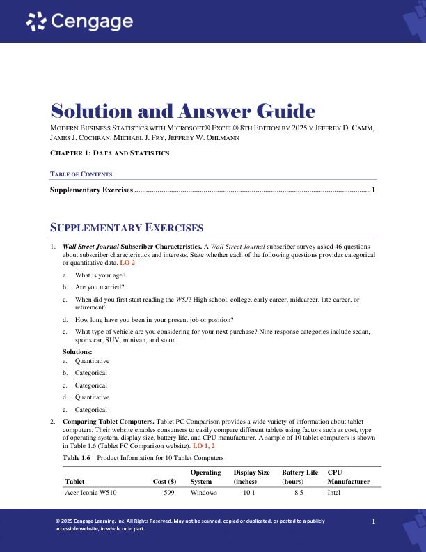 Solution Manual For Modern Business Statistics with Microsoft® Excel® 8th Edition by 2025 y Jeffrey D. Camm, James J. Cochran, Michael J. Fry, Jeffrey W. Ohlmann Chapter 1-20