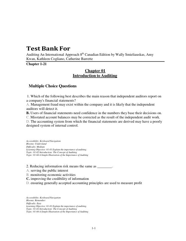 Test Bank For Auditing An International Approach 8th Canadian Edition by Wally Smieliauskas, Amy Kwan, Kathleen Cogliano, Catherine Barrette Chapter 1-21