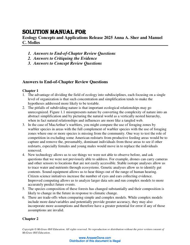 Solution Manual for Ecology Concepts and Applications Release 2025 Anna A. Sher and Manuel C. Molles