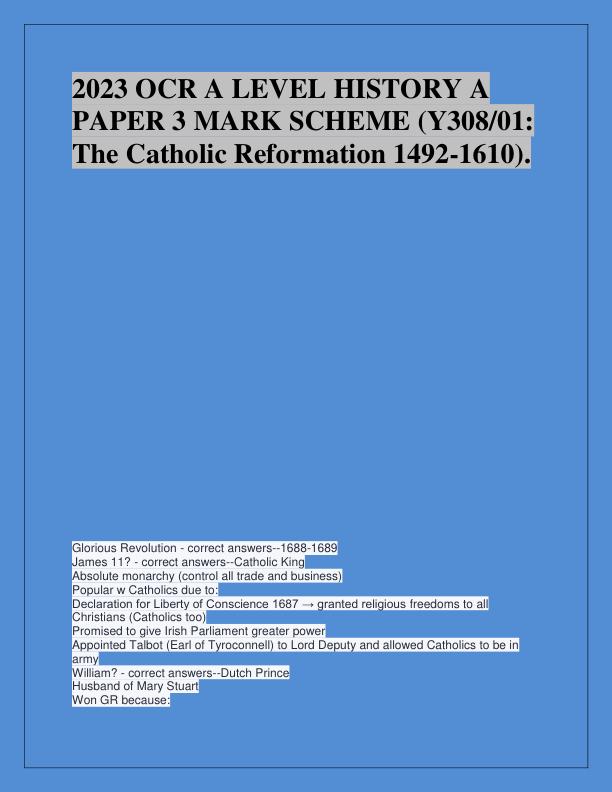 2023 OCR A LEVEL HISTORY A PAPER 3 MARK SCHEME