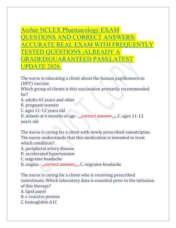 Archer NCLEX Pharmacology EXAM QUESTIONS AND CORRECT ANSWERS (1)