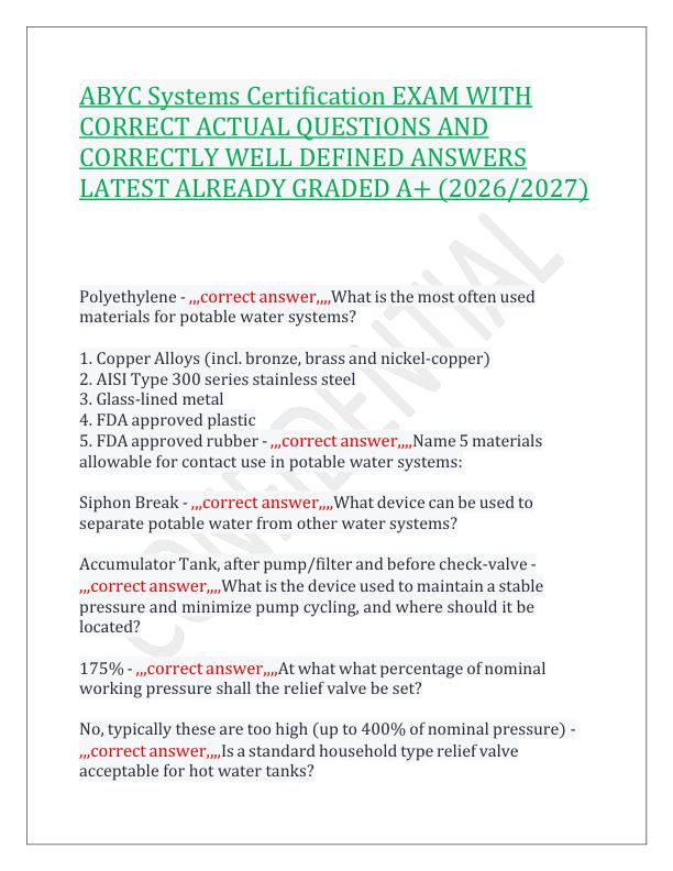 ABYC Systems Certification EXAM WITH CORRECT ACTUAL QUESTIONS AND CORRECTLY WELL DEFINED ANSWERS LATEST ALREADY GRADED A