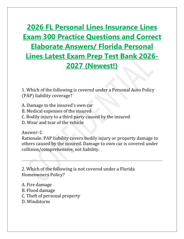 2025 FL Personal Lines Insurance Lines Exam 300 Practice Questions and Correct Elaborate Answers