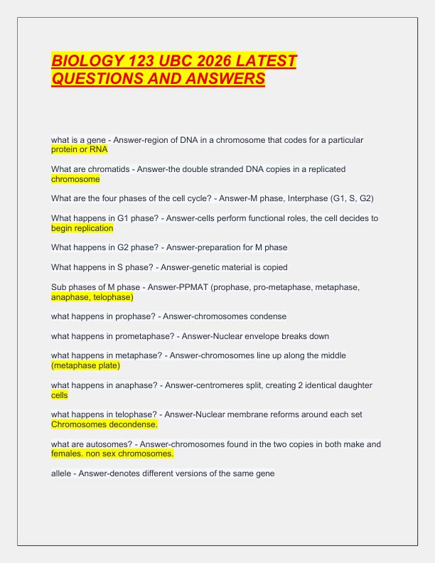 BIOLOGY 121 UBC 2026 LATEST QUESTIONS AND ANSWERS