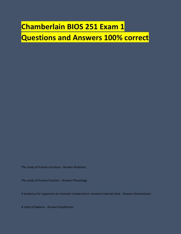 Chamberlain BIOS 251 Exam 1 Questions and Answers 100