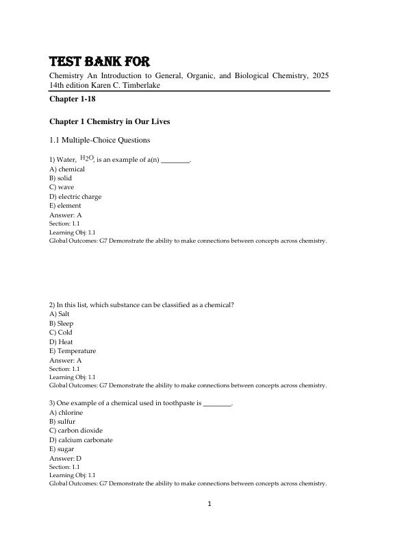 Test Bank For Chemistry An Introduction to General, Organic, and Biological Chemistry, 2025 14th Edition by Karen C. Timberlake Chapter 1-18