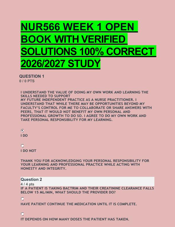 NUR566 WEEK 1 OPEN  BOOK WITH VERIFIED  SOLUTIONS 100% CORRECT  2026/2027 STUDY