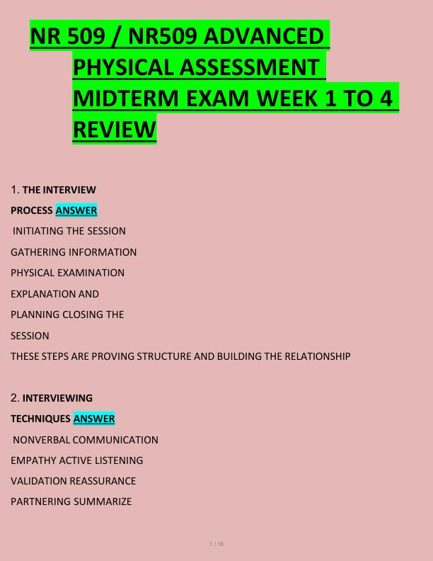 NR 509 / NR509 ADVANCED  PHYSICAL ASSESSMENT  MIDTERM EXAM WEEK 1 TO 4  REVIEW