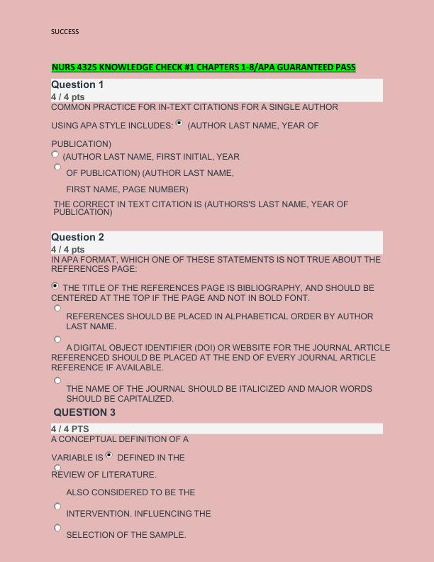NURS 4325 KNOWLEDGE CHECK #1 CHAPTERS 1-8/APA GUARANTEED PASS 