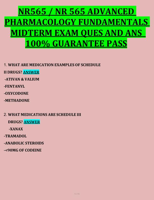 NR565 / NR 565 ADVANCED  PHARMACOLOGY FUNDAMENTALS  MIDTERM EXAM QUES AND ANS   100% GUARANTEE PASS