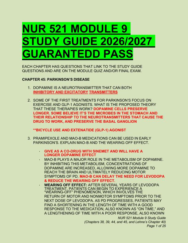 NUR 521 MODULE 9  STUDY GUIDE 2026/2027  GUARANTEDD PASS