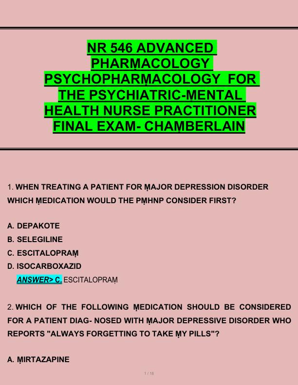 NR 546 ADVANCED  PHARṂACOLOGY  PSYCHOPHARṂACOLOGY  FOR  THE PSYCHIATRIC-ṂENTAL  HEALTH NURSE PRACTITIONER  FINAL EXAM- CHAṂBERLAIN 