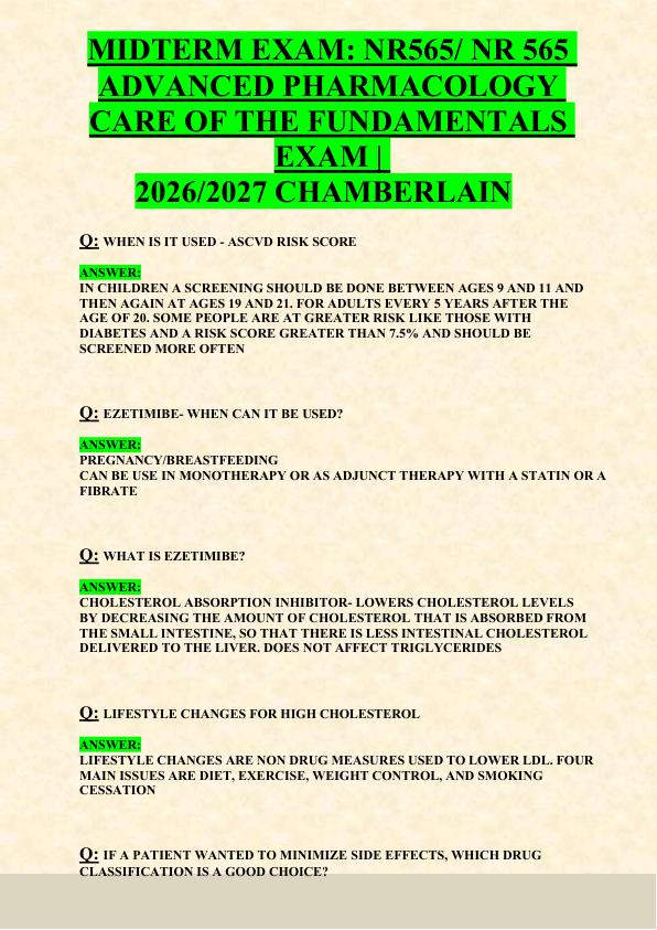 MIDTERM EXAM: NR565/ NR 565  ADVANCED PHARMACOLOGY  CARE OF THE FUNDAMENTALS  EXAM |   2026/2027 CHAMBERLAIN