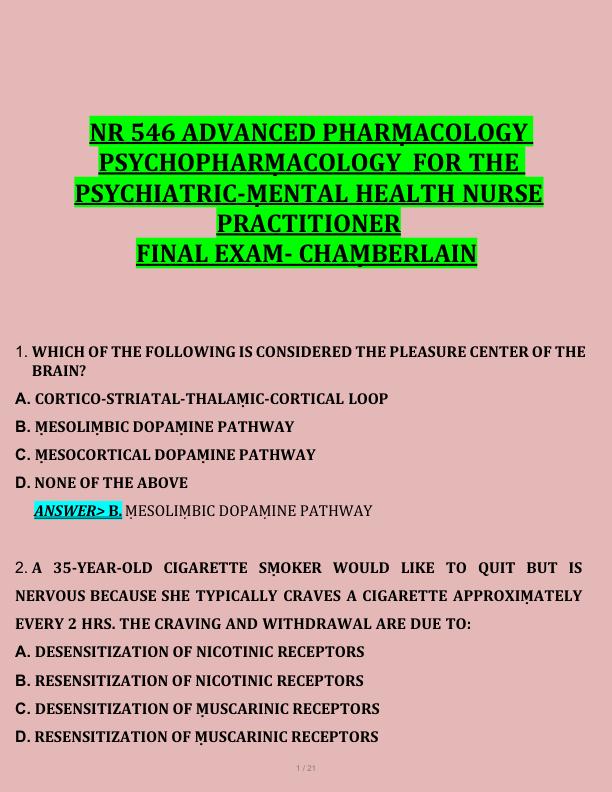 NR 546 ADVANCED PHARṂACOLOGY  PSYCHOPHARṂACOLOGY  FOR THE  PSYCHIATRIC-ṂENTAL HEALTH NURSE  PRACTITIONER  FINAL EXAM- CHAṂBERLAIN