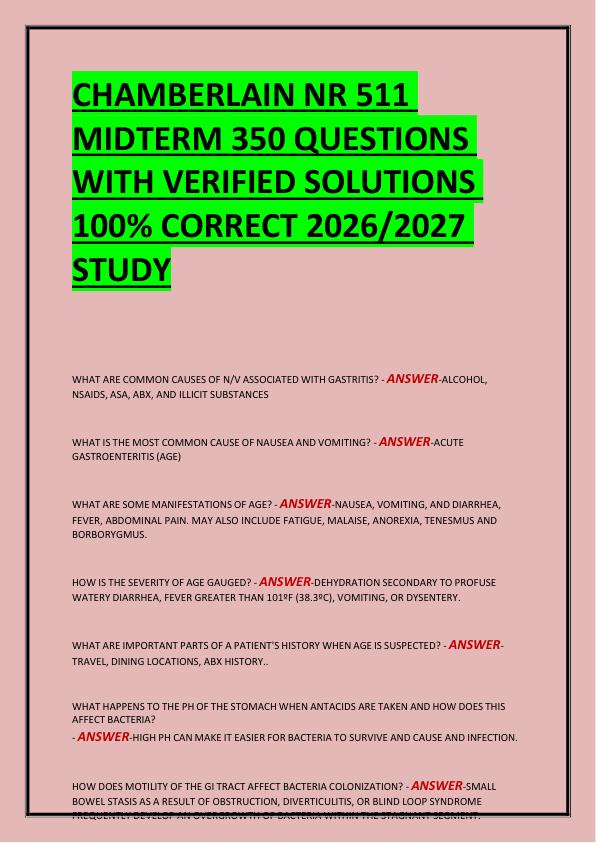 CHAMBERLAIN NR 511  MIDTERM 350 QUESTIONS  WITH VERIFIED SOLUTIONS  100% CORRECT 2026/2027  STUDY