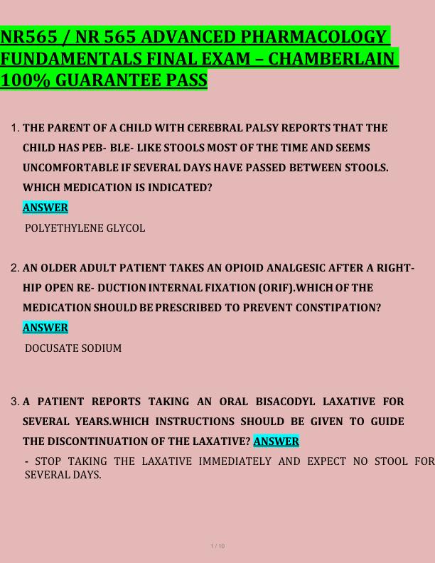 NR565 / NR 565 ADVANCED PHARMACOLOGY  FUNDAMENTALS FINAL EXAM – CHAMBERLAIN  100% GUARANTEE PASS 