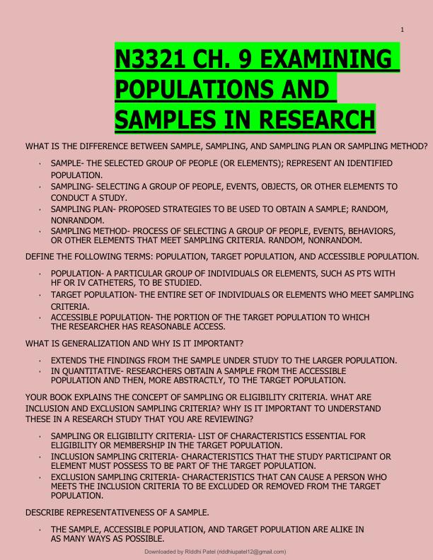 N3321 CH. 9 EXAMINING  POPULATIONS AND  SAMPLES IN RESEARCH