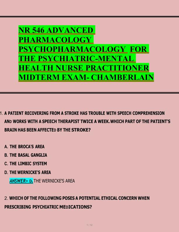 NR 546 ADVANCED  PHARMACOLOGY  PSYCHOPHARMACOLOGY  FOR  THE PSYCHIATRIC-MENTAL  HEALTH NURSE PRACTITIONER  MIDTERM EXAM- CHAMBERLAIN 