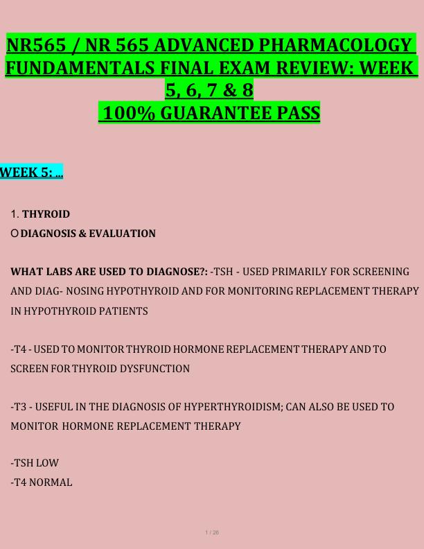 NR565 / NR 565 ADVANCED PHARMACOLOGY  FUNDAMENTALS FINAL EXAM REVIEW: WEEK  5, 6, 7 & 8  100% GUARANTEE PASS