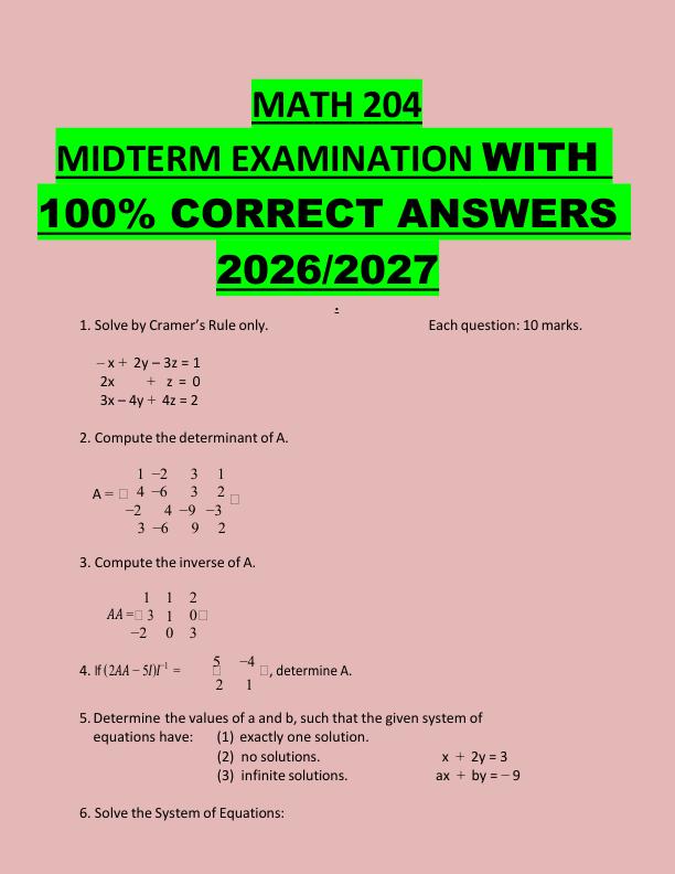 MATH 204  MIDTERM EXAMINATION WITH  100% CORRECT ANSWERS  2026/2027