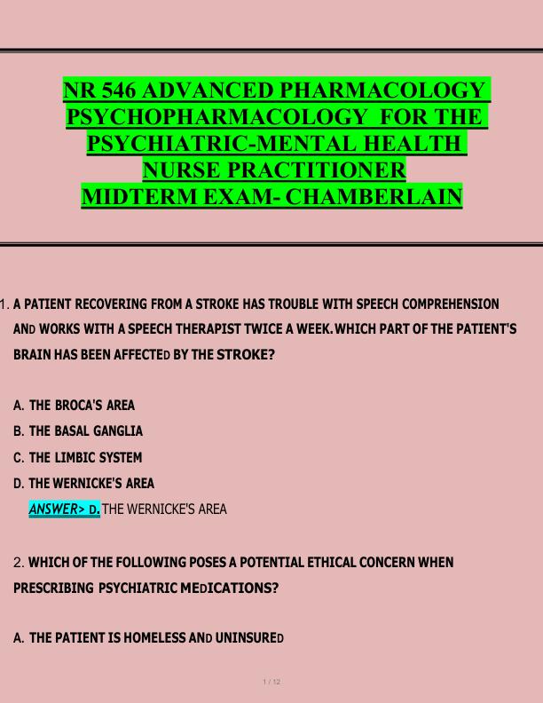 NR 546 ADVANCED PHARMACOLOGY  PSYCHOPHARMACOLOGY  FOR THE  PSYCHIATRIC-MENTAL HEALTH  NURSE PRACTITIONER  MIDTERM EXAM- CHAMBERLAIN 