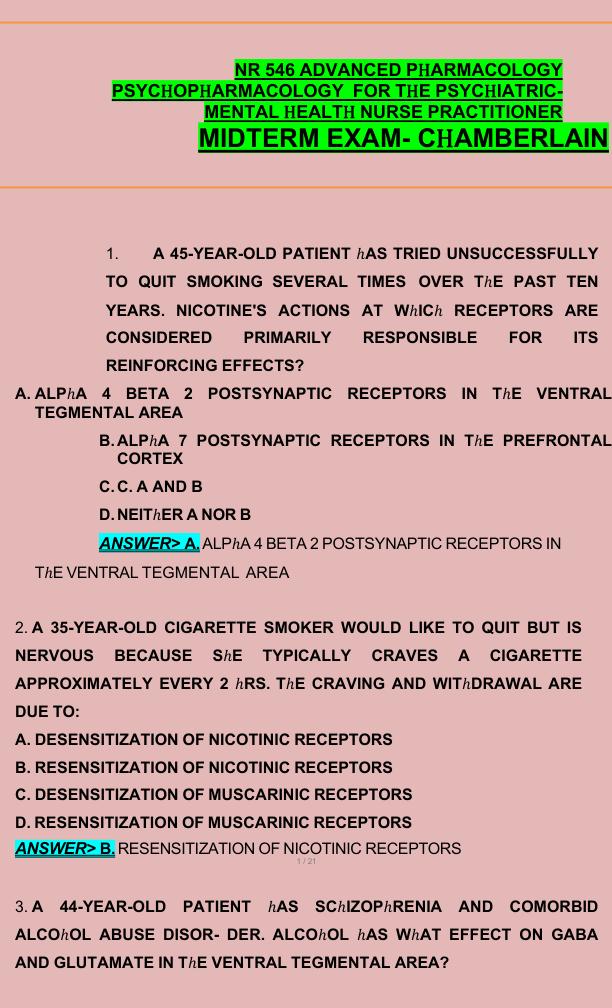 NR 546 ADVANCED PHARMACOLOGY  PSYCHOPHARMACOLOGY  FOR THE PSYCHIATRIC MENTAL HEALTH NURSE PRACTITIONER  MIDTERM EXAM- CHAMBERLAIN 