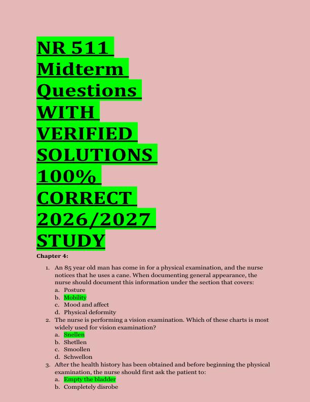 NR 511  Midterm  Questions  WITH  VERIFIED  SOLUTIONS  100%  CORRECT  2026/2027  STUDY 