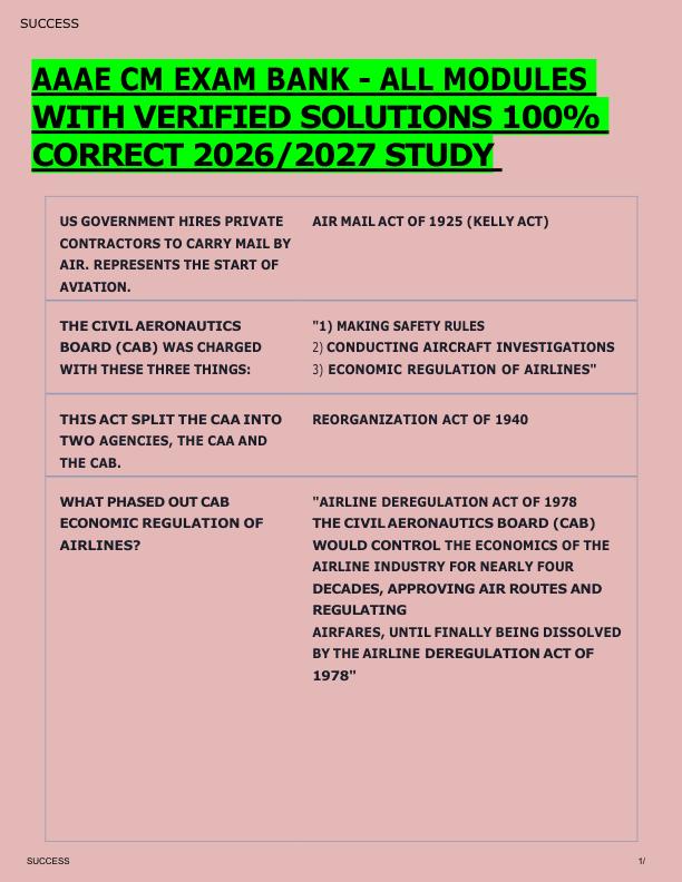 AAAE CM EXAM BANK - ALL MODULES  WITH VERIFIED SOLUTIONS 100%  CORRECT 2026/2027 STUDY 