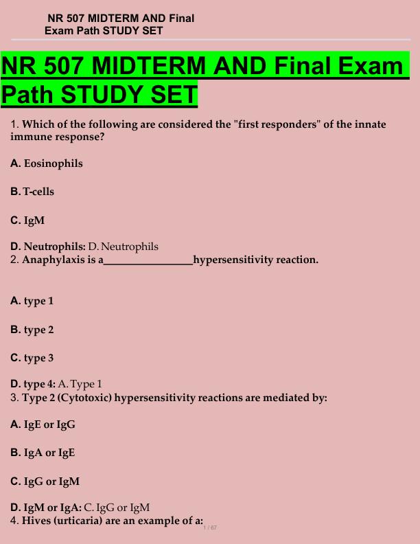 NR 507 MIDTERM AND Final Exam  Path STUDY SET 