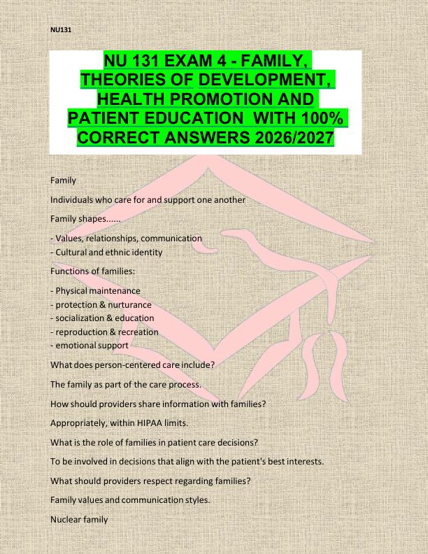 NU 131 EXAM 4 - FAMILY,  THEORIES OF DEVELOPMENT,  HEALTH PROMOTION AND  PATIENT EDUCATION  WITH 100%  CORRECT ANSWERS 2026/2027 