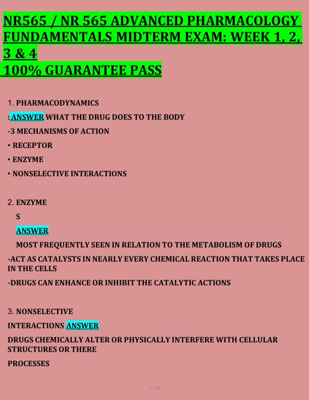 NR565 / NR 565 ADVANCED PHARMACOLOGY  FUNDAMENTALS MIDTERM EXAM: WEEK 1, 2,  3 & 4  100% GUARANTEE PASS