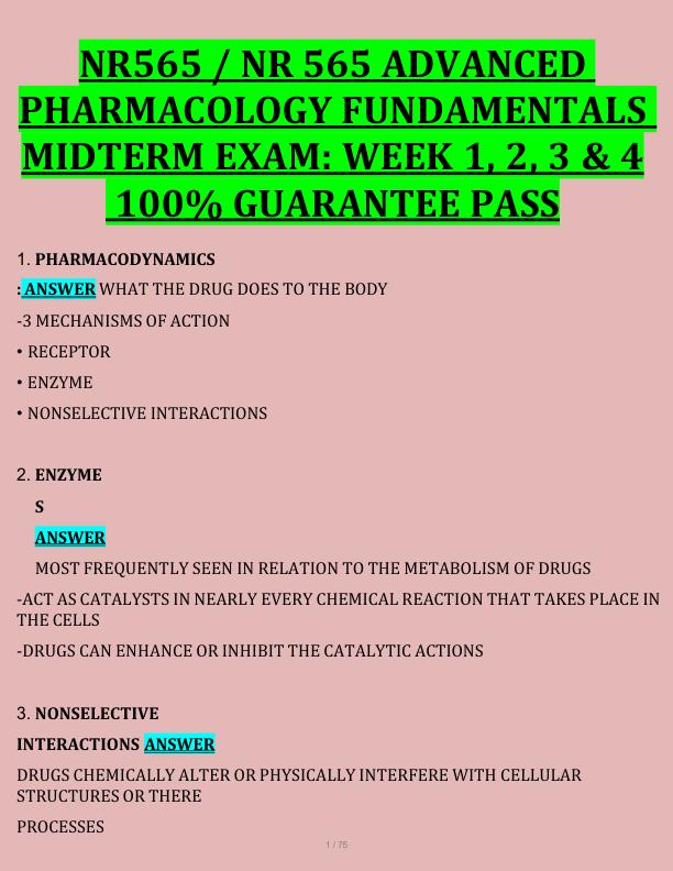 NR565 / NR 565 ADVANCED  PHARMACOLOGY FUNDAMENTALS  MIDTERM EXAM: WEEK 1, 2, 3 & 4  100% GUARANTEE PASS 