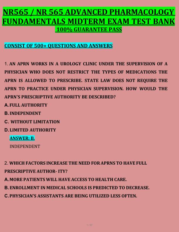 NR565 / NR 565 ADVANCED PHARMACOLOGY  FUNDAMENTALS MIDTERM EXAM TEST BANK  100% GUARANTEE PASS