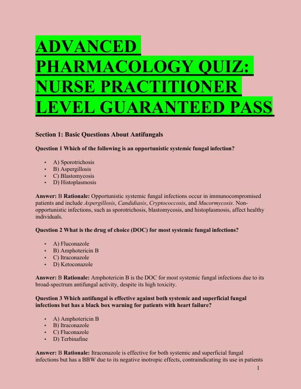 ADVANCED  PHARMACOLOGY QUIZ:  NURSE PRACTITIONER  LEVEL GUARANTEED PASS