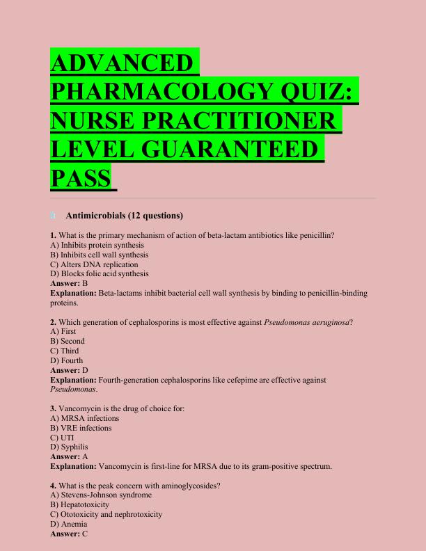 ADVANCED  PHARMACOLOGY QUIZ:  NURSE PRACTITIONER  LEVEL GUARANTEED  PASS