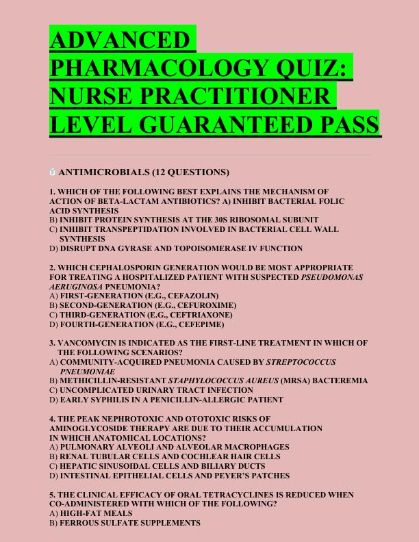 ADVANCED  PHARMACOLOGY QUIZ:  NURSE PRACTITIONER  LEVEL GUARANTEED PASS 