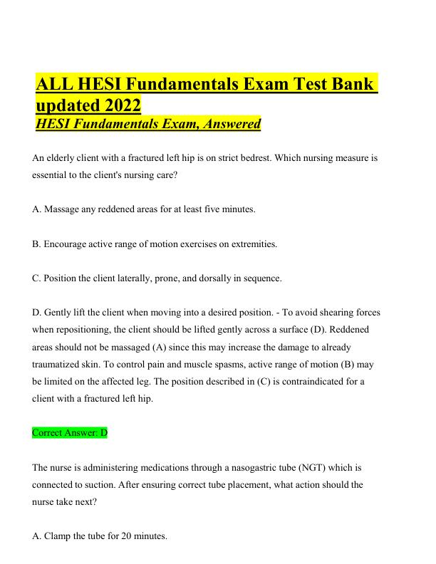 ALL HESI Fundamentals Exam Test Bank updated 2022
