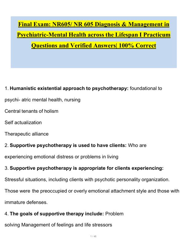 Final Exam NR605 NR 605 Diagnosis & Management in Psychiatric Questions and Verified Answers 100% Correct Latest 2025 2026