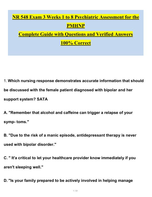 NR 548 Exam 3 Weeks 1 to 8 Psychiatric Assessment for the PMHNP Complete Guide with Questions and Verified Answers 100% Correct