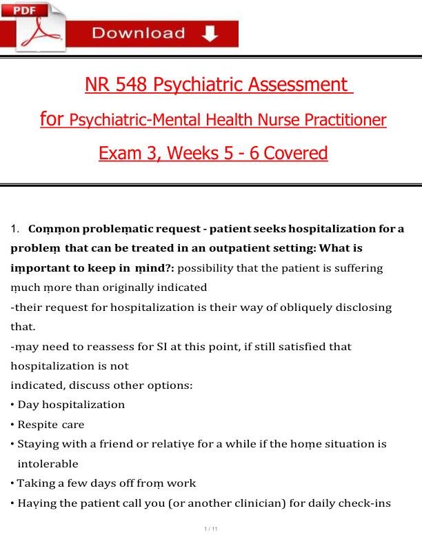 NR 548 Psychiatric Assessment for Psychiatric-Mental Health Nurse Practitioner Exam 3, Weeks 5 - 6 Covered