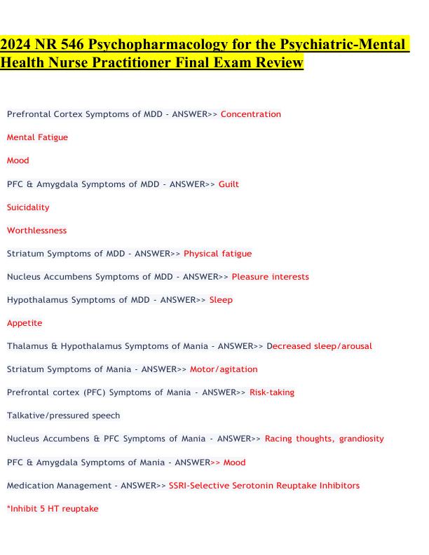 2024 NR 546 Psychopharmacology for the Psychiatric-Mental Health Nurse Practitioner Final Exam Review