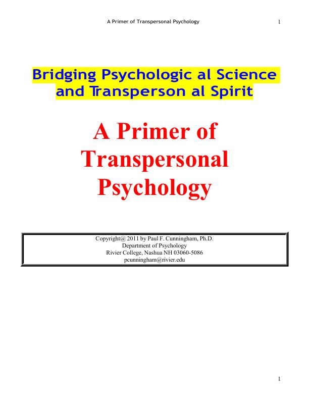 A Primer of Transpersonal Psychology  Bridging Psychologic al Science and Transperson al Spirit