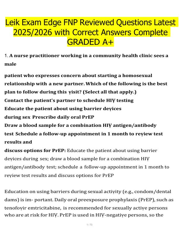 Leik Exam Edge FNP Reviewed Questions Latest 20252026 with Correct Answers Complete GRADED A+