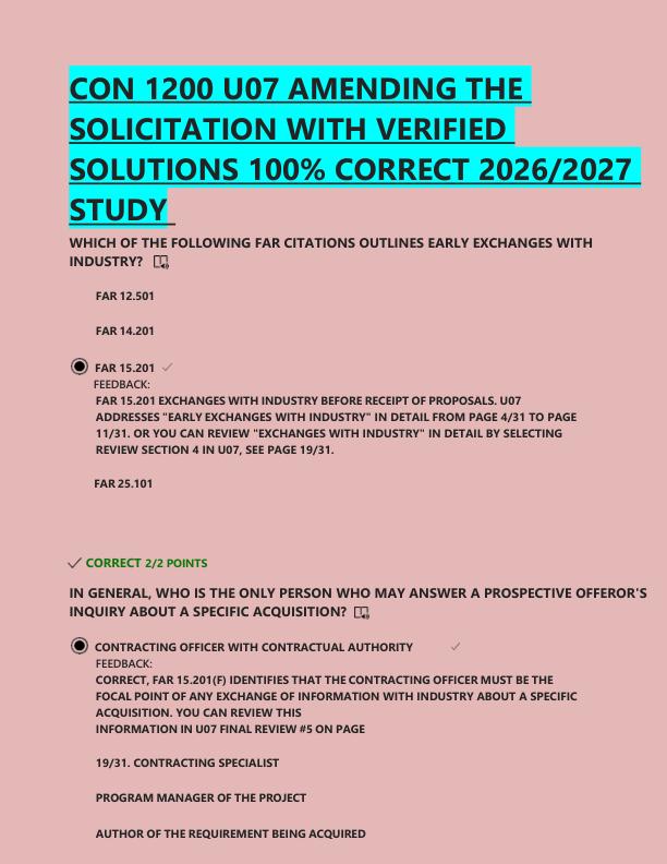 CON 1200 U07 AMENDING THE  SOLICITATION WITH VERIFIED  SOLUTIONS 100% CORRECT 2026/2027  STUDY